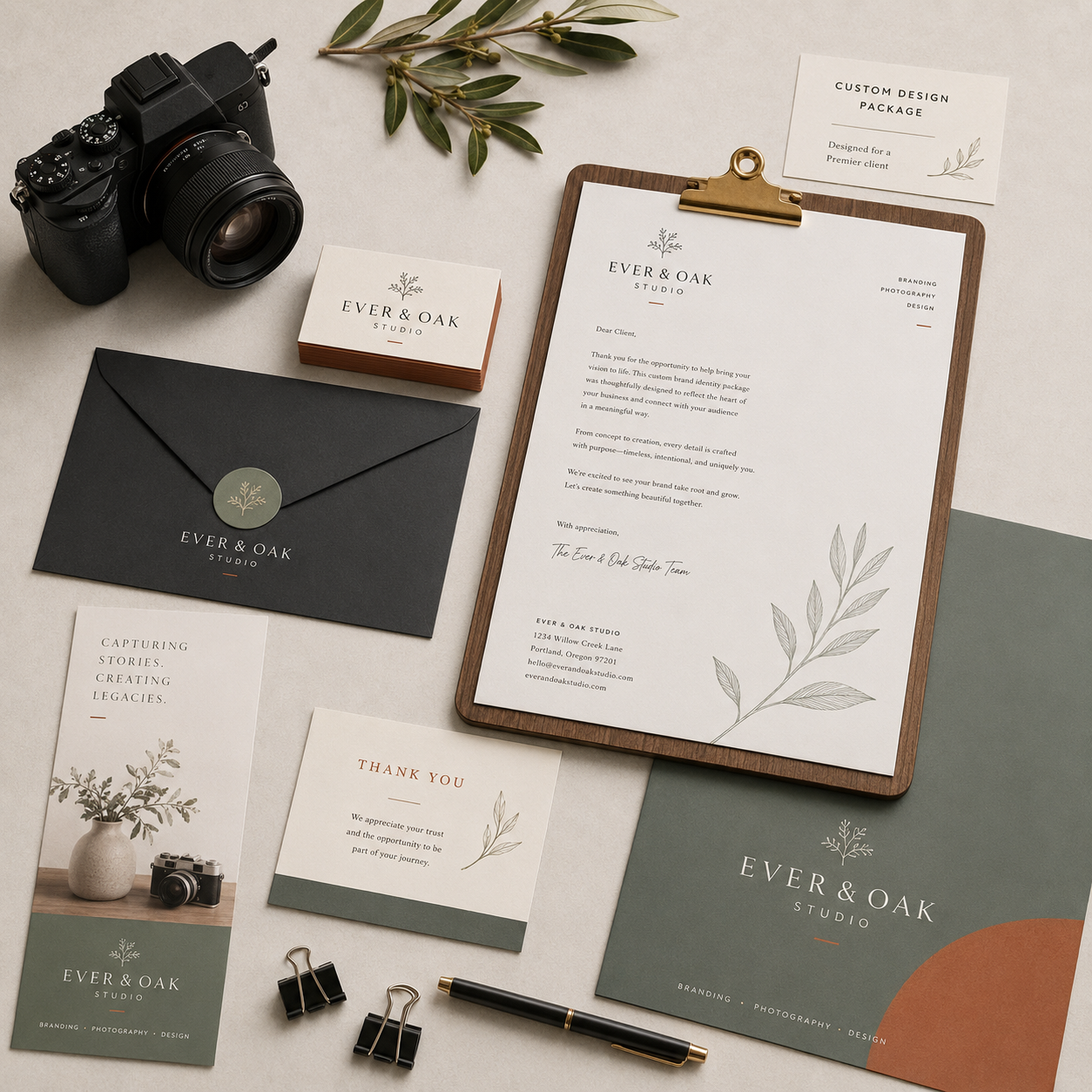 Custom design service sample with coordinated business cards, stationery, envelopes, and printed brand materials.