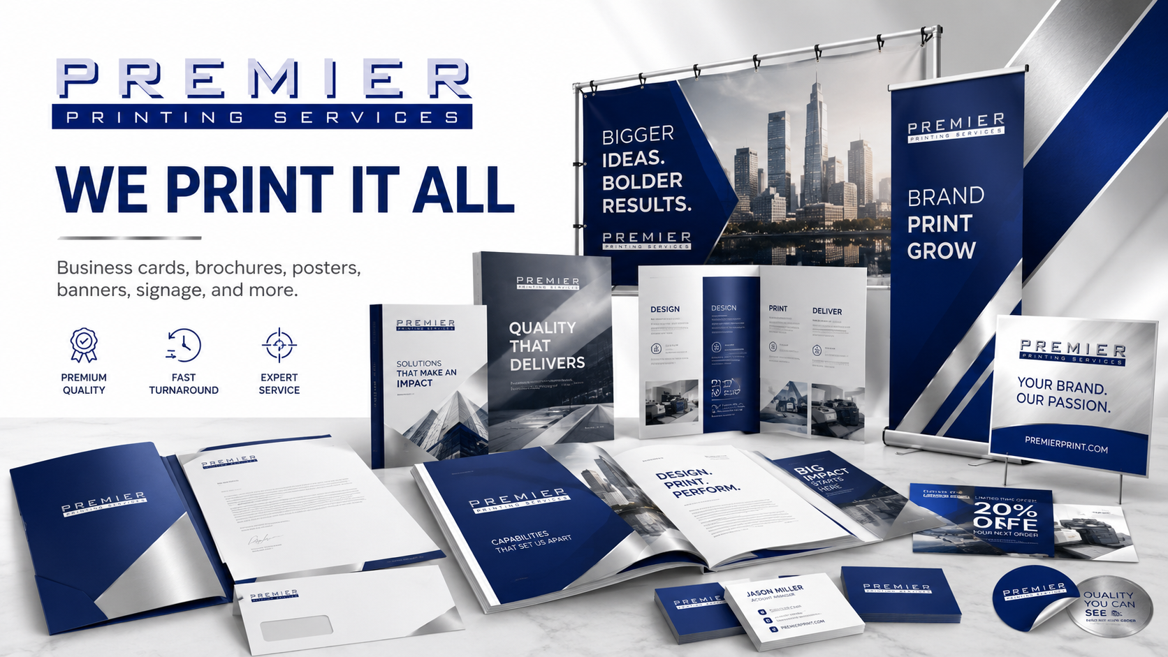 Premier Printing Services product mockups including banners, brochures, postcards, and business cards.