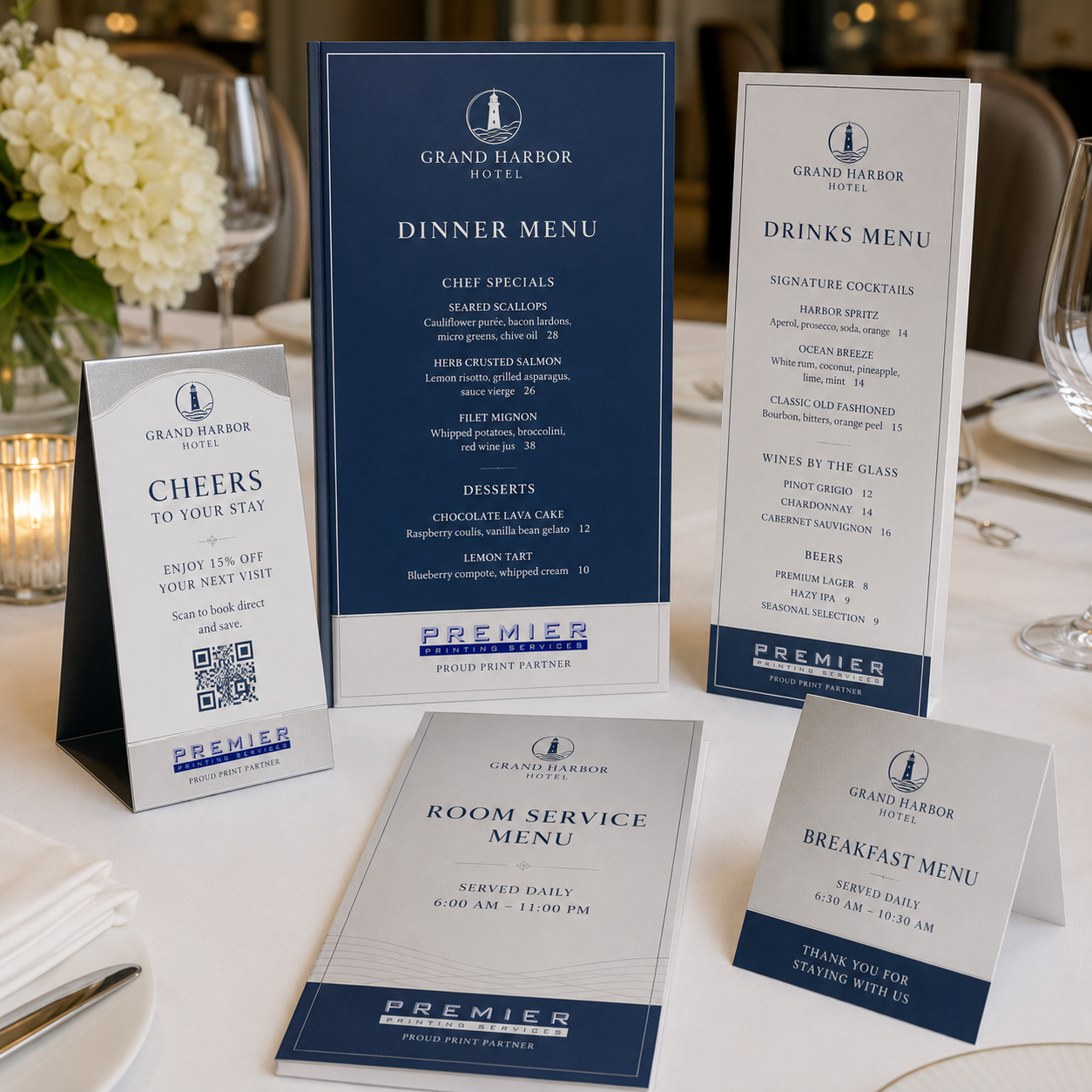 Hotel Menus printing example from Premier Printing Services